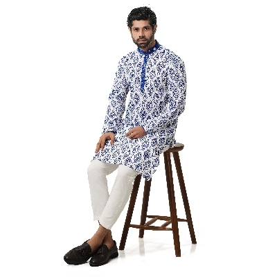 Picture of White and blue panjabi for men new collection 2024 stylist | Cotton panjabi for men new collection 2024 | Panjabi for men blue colour