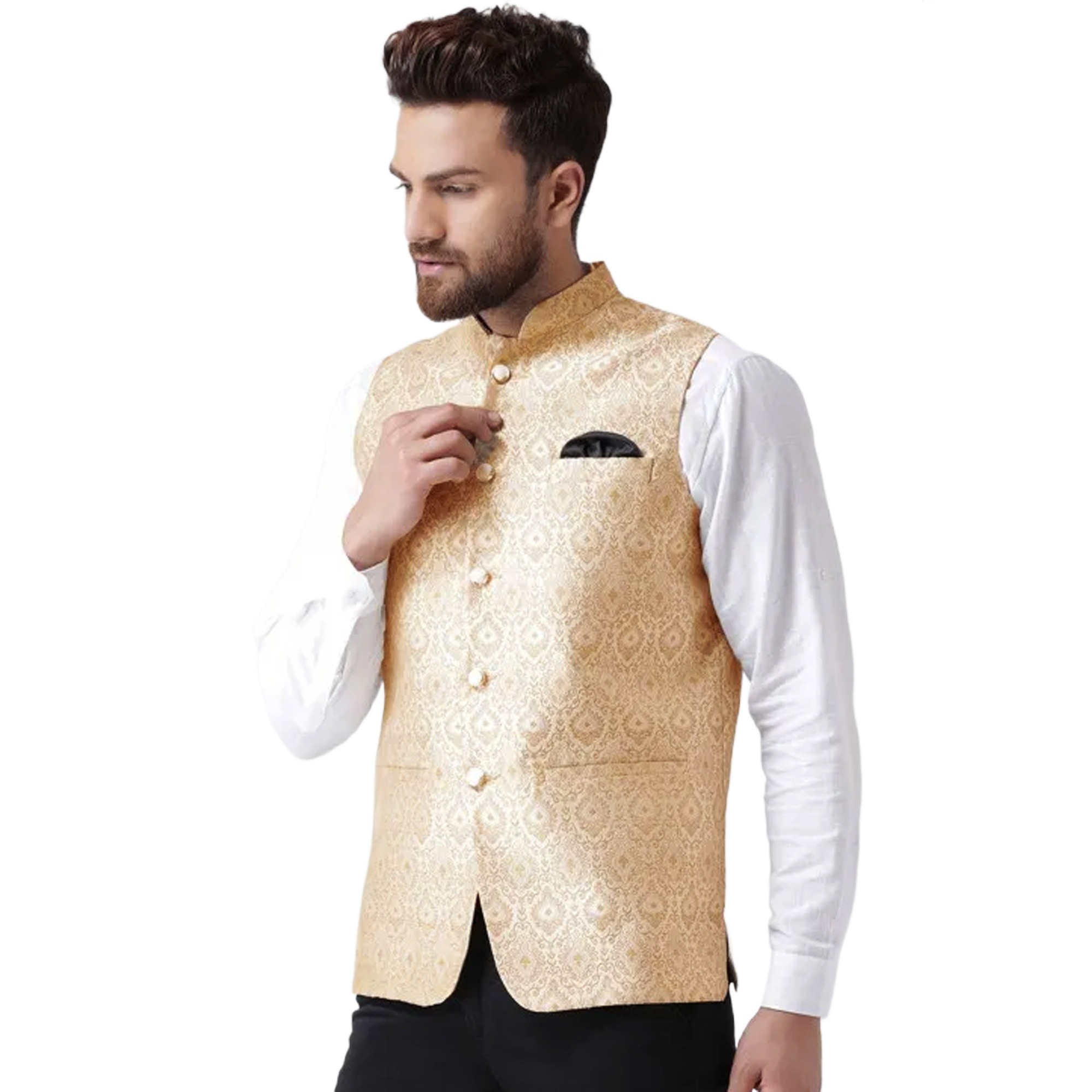 Picture of Printed golden koti for men print brand | Wedding dress and party dress for men | Waist coat and vest for men golden - Golden waist coat, vest
