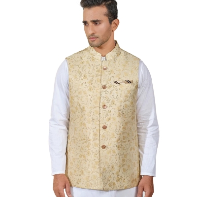 Picture of Printed golden koti for men print brand | Waist coat and vest for men golden | Wedding dress and party dress for men