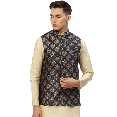 Picture of Printed golden and black koti for men print brand | Wedding dress and party dress for men | Waist coat and vest for men black and golden