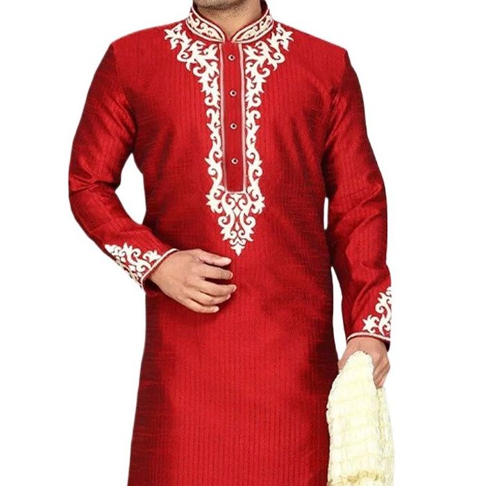 Picture of Indian katan panjabi for men new collection 2024 stylish | Indian wedding panjabi for men red and white color | White and red party dress for men high quality | Party panjabi for winter