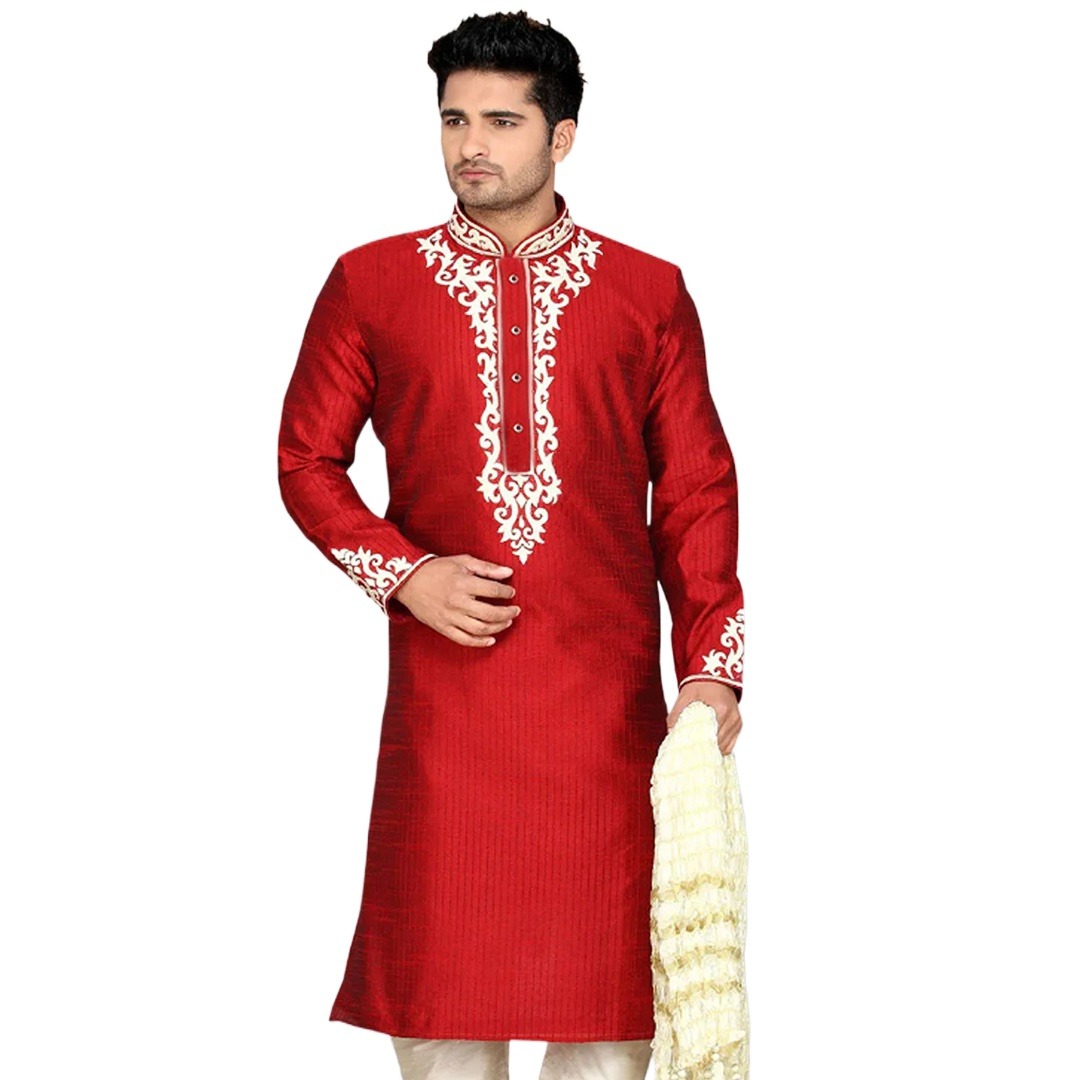 Picture of Indian katan panjabi for men new collection 2024 stylish | Indian wedding panjabi for men red and white color | White and red party dress for men high quality | Party panjabi for winter