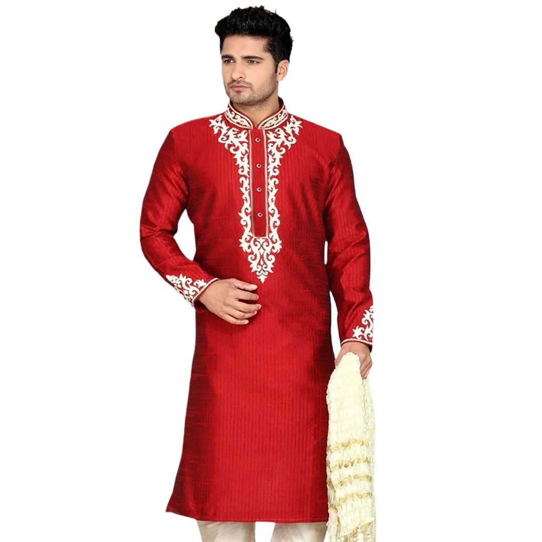 Picture of Indian katan panjabi for men new collection 2024 stylish | Indian wedding panjabi for men red and white color | White and red party dress for men high quality | Party panjabi for winter