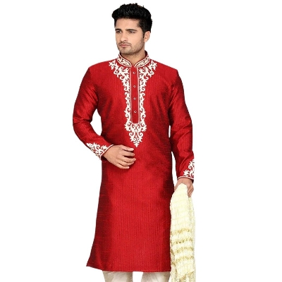 Picture of Indian katan panjabi for men new collection 2024 stylish | Indian wedding panjabi for men red and white color | White and red party dress for men high quality | Party panjabi for winter