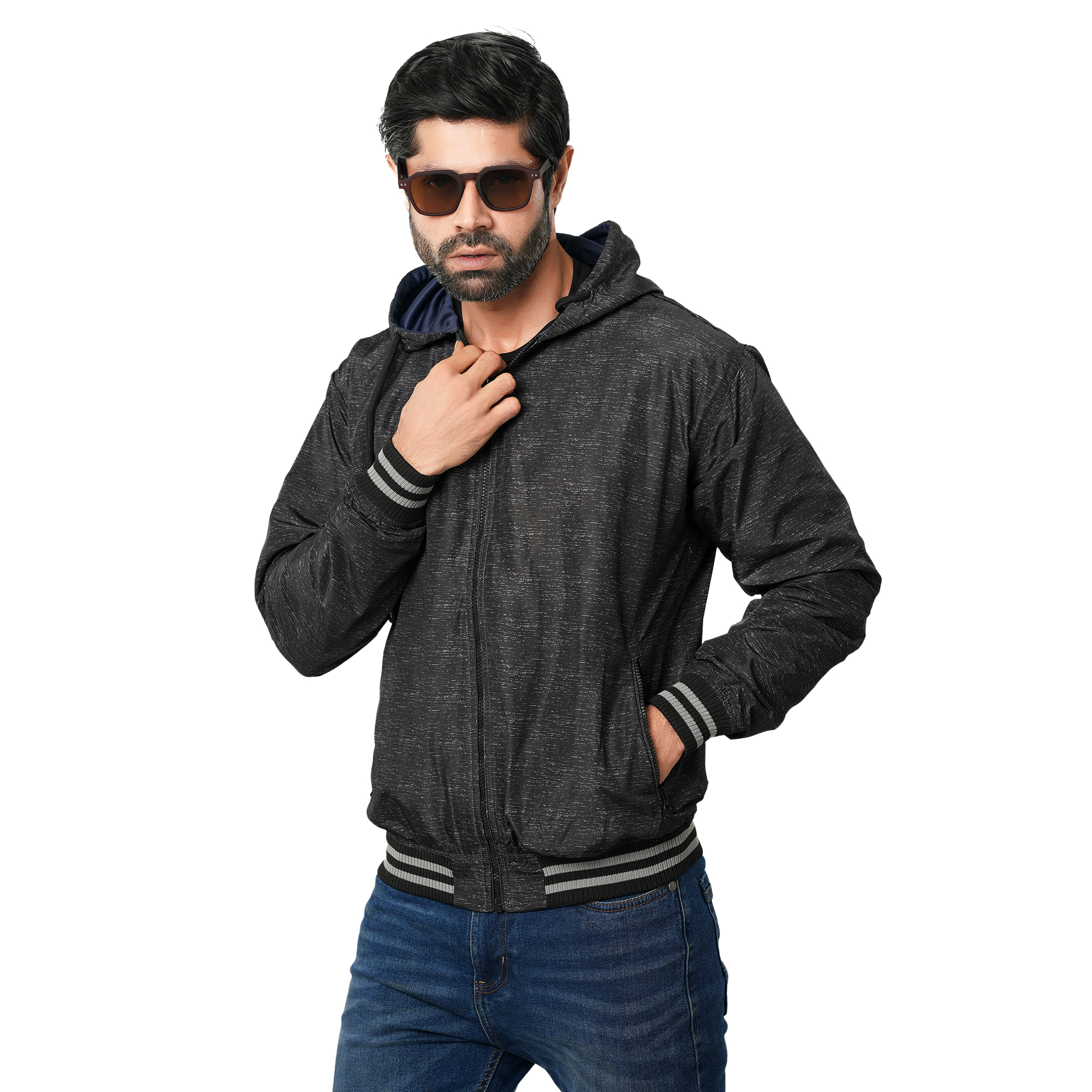 Picture of Black Jacket for men 2024 new collection | Printed jacket for men winter china high quality | Black jacket for men winter 2024 double part - Hoodie jacket for biker