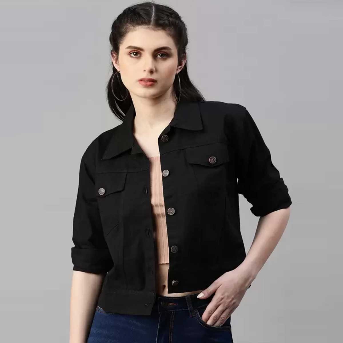 Picture of Export quality black denim jacket for women new collection 2024 | low price women denim jacket for winter | Black denim jacket for women