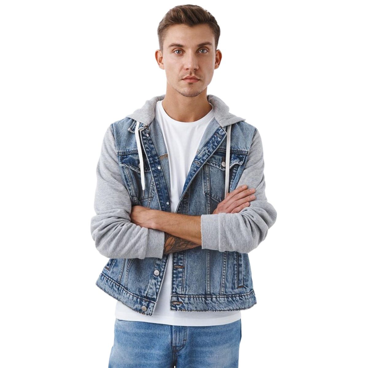 Picture of Hoodie denim jacket for men stylish 2024 | Mens denim jacket blue | Export quality hoodie jacket for men blue - Jeans jacket