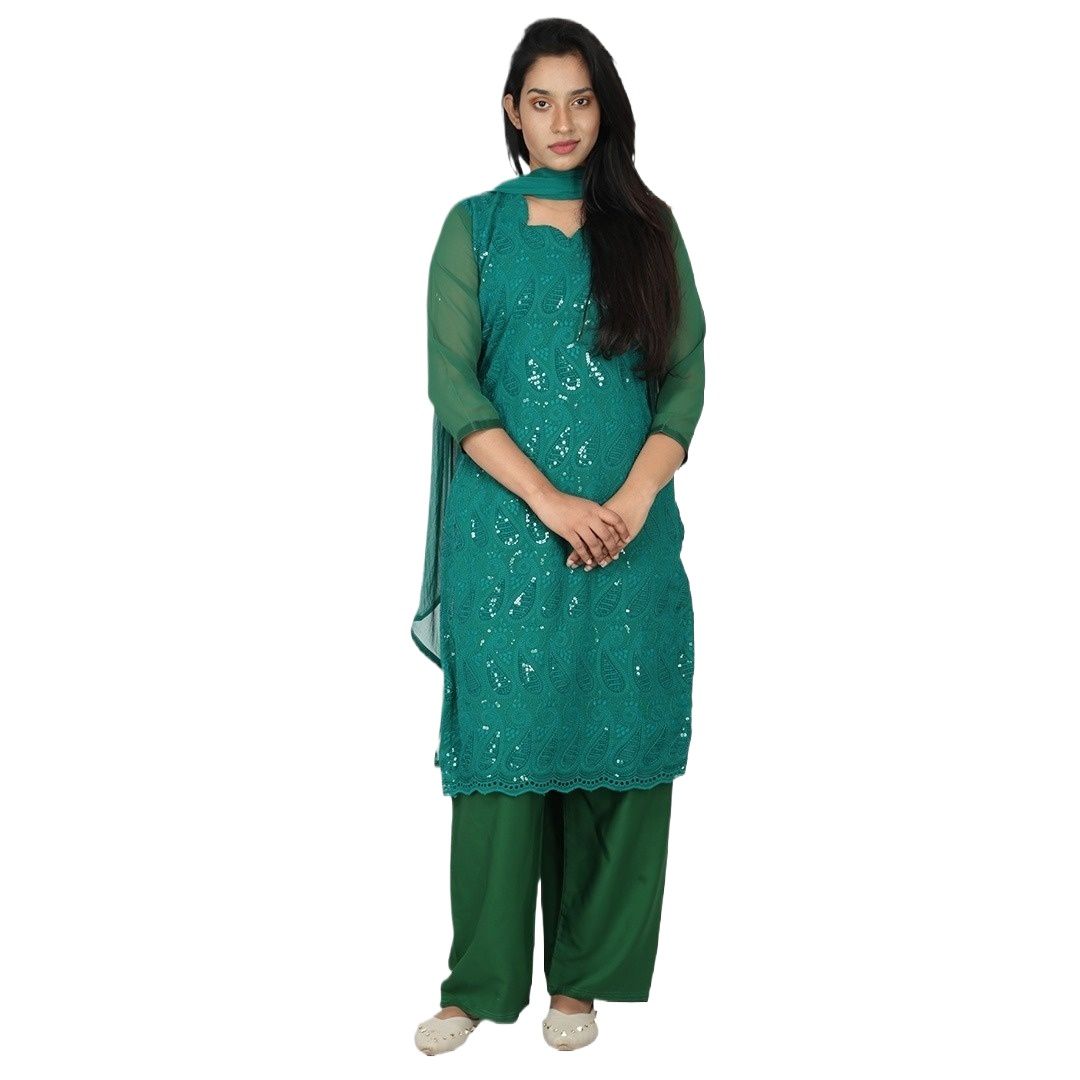 Picture of Dress for women new collection | Women Three piece new collection 2024 | Bottle green color dress for women