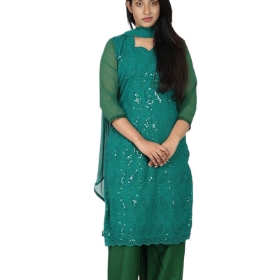 Picture of Dress for women new collection | Women Three piece new collection 2024 | Bottle green color dress for women