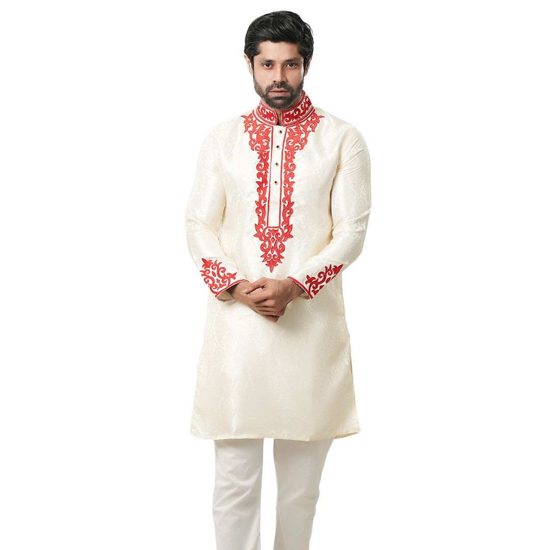 Picture of Indian katan panjabi for men new collection 2024 stylish | Indian wedding panjabi for men golden color - Party dress for men