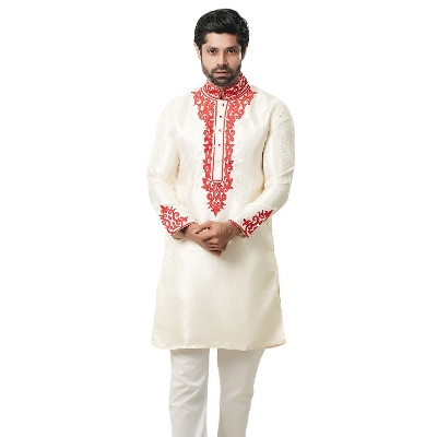 Picture of Indian katan panjabi for men new collection 2024 stylish | Indian wedding panjabi for men golden color - Party dress for men