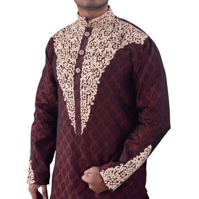 Picture of Maroon panjabi for men cotton | Premium panjabi for men new collection 2024 | Indian panjabi for men new collection 2024 stylist brand | Indian katan Panjabi for eid collection at low price