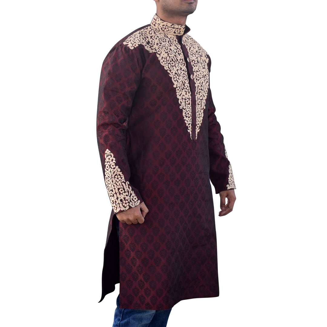 Picture of Maroon panjabi for men cotton | Premium panjabi for men new collection 2024 | Indian panjabi for men new collection 2024 stylist brand | Indian katan Panjabi for eid collection at low price
