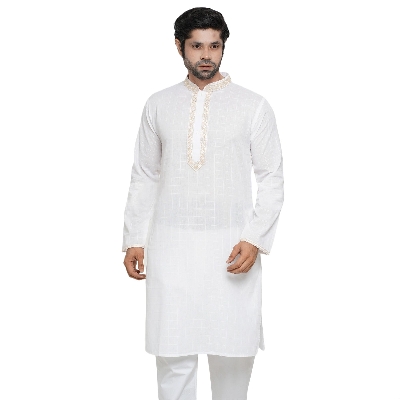Picture of Gold and white panjabi for men cotton | Premium panjabi for men new collection 2024 | Indian panjabi for men new collection 2024 stylist brand | Printed Panjabi for eid collection at low price