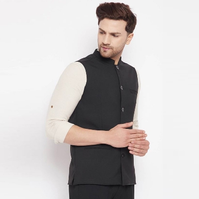 Picture of Stylish black koti for men panjabi | Panjabi vest or waist coat for men | Mujib coat for men black half