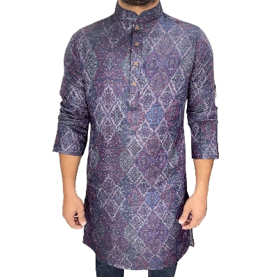 Picture of Purple and blue panjabi for men cotton | Premium panjabi for men new collection 2024 | Indian panjabi for men new collection 2024 stylist brand | Printed Panjabi for eid collection at low price
