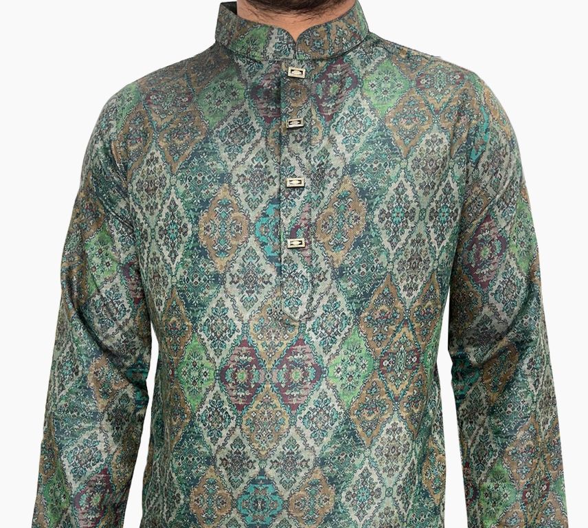 Picture of Green panjabi for men cotton | Premium panjabi for men new collection 2024 | Indian panjabi for men new collection 2024 stylist brand | Printed Panjabi for eid collection at low price