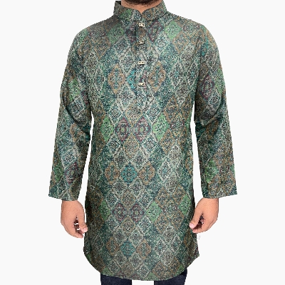 Picture of Green panjabi for men cotton | Premium panjabi for men new collection 2024 | Indian panjabi for men new collection 2024 stylist brand | Printed Panjabi for eid collection at low price