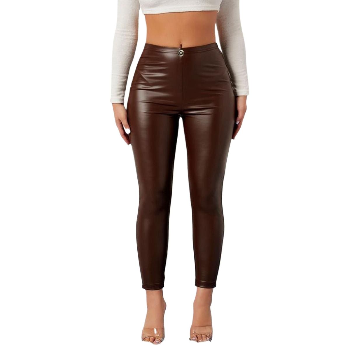 Picture of Leather pants for women stylish | Chocolate colous womens pants new collection 2024 | High quality narrow pants for ladies