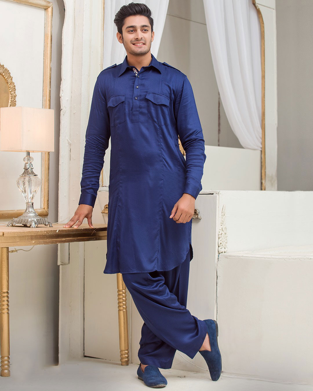 Picture of Premium navy blue kabli panjabi men | Kabli Panjabi for men blue colour | High quality panjabi for men new collection 2024 stylist | kabli panjabi blue - Pakistani pathan panjabi | Cotton panjabi collection kabli