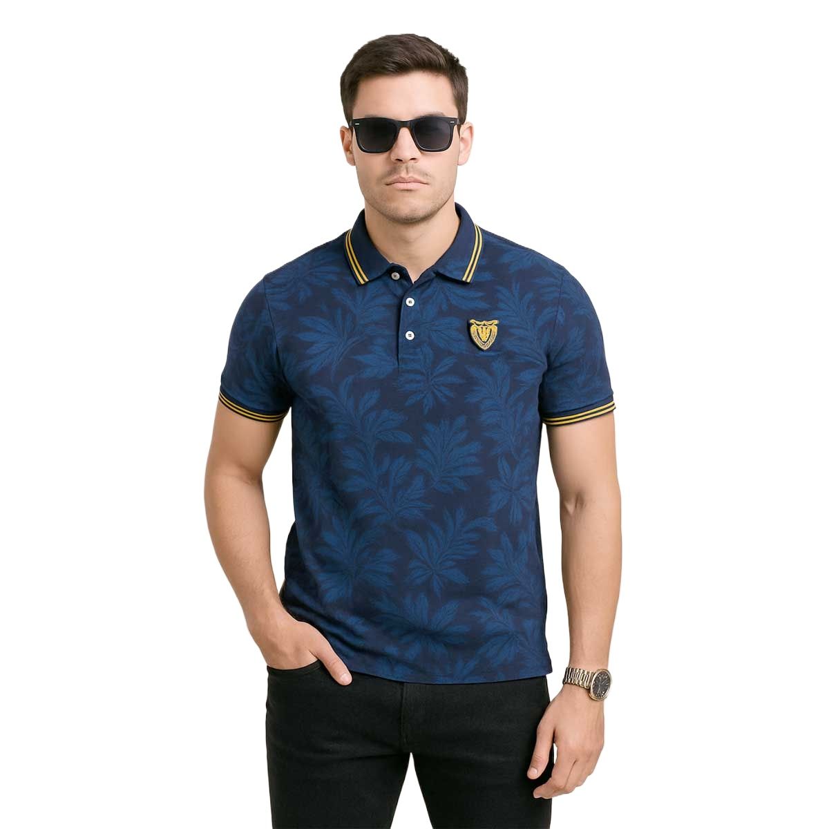 Picture of Export quality printed blue and black cotton polo tshirt for men new collection of 2025
