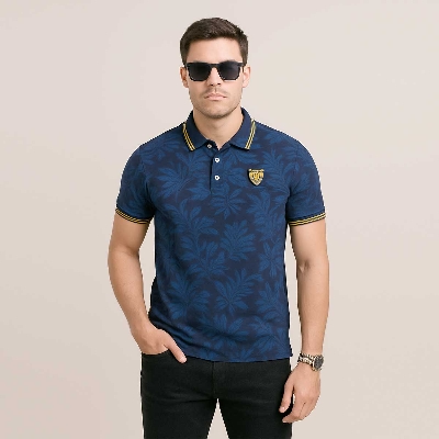 Picture of Export quality printed blue and black cotton polo tshirt for men new collection of 2025