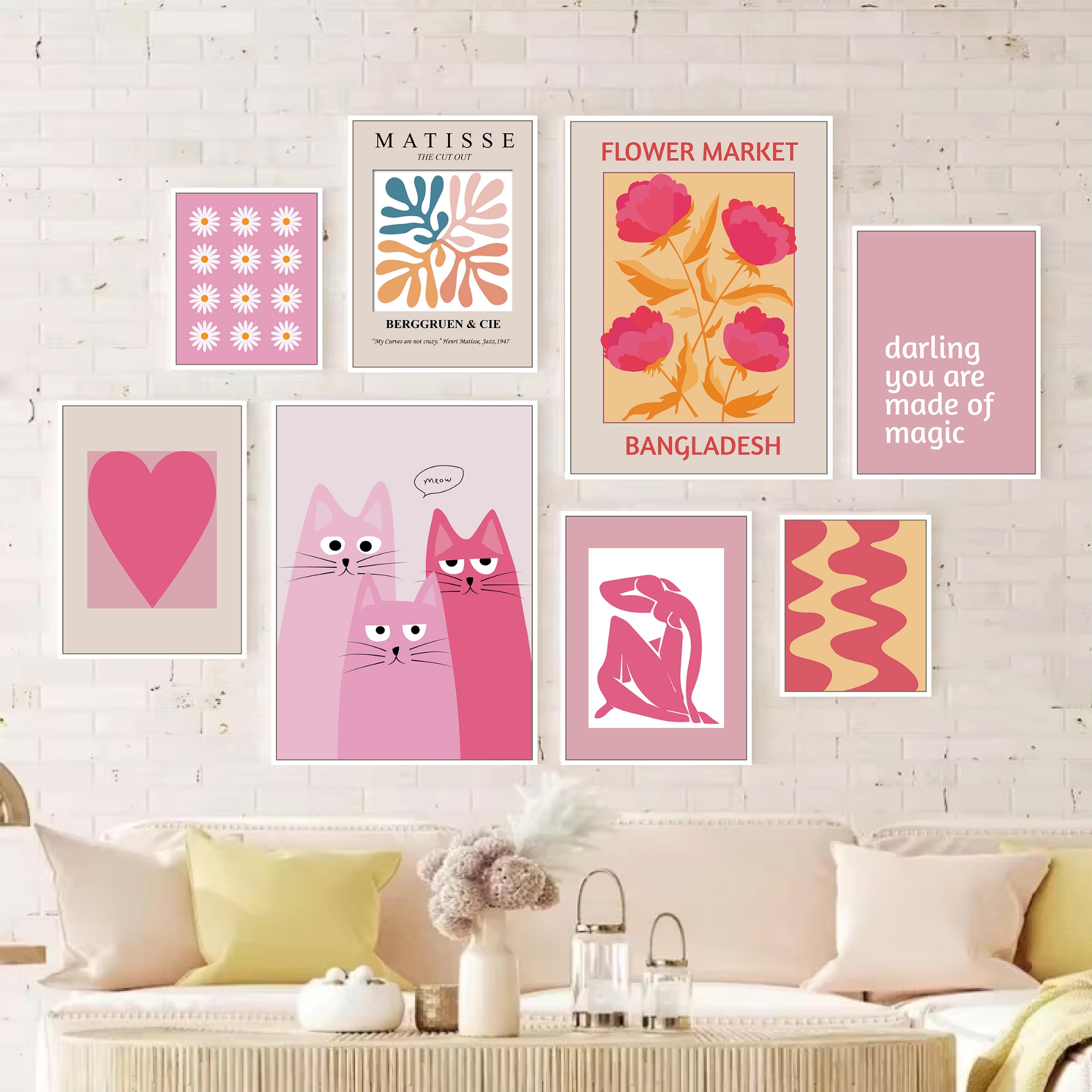 Picture of Matisse Cute cat Poster Cute Bohemian Art Heart Wall Art Flower Market Fashion Gallery Wall Bedroom Decoration Wallboard set for Home Decoration