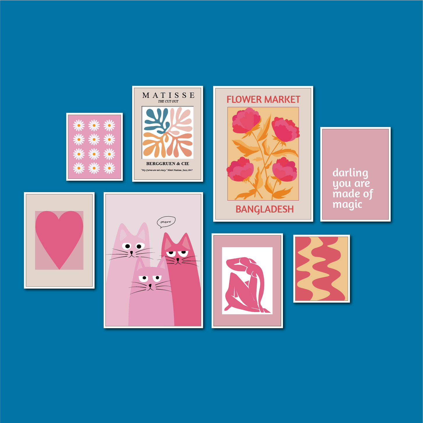 Picture of Matisse Cute cat Poster Cute Bohemian Art Heart Wall Art Flower Market Fashion Gallery Wall Bedroom Decoration Wallboard set for Home Decoration