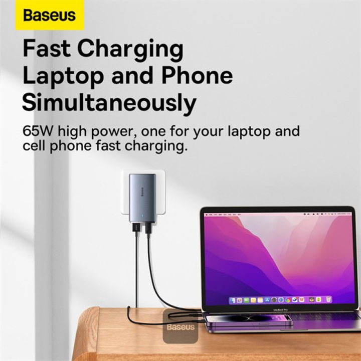 Picture of Baseus GaN5 Pro Ultra-Slim Fast Charger C+U 65W (Overseas Edition) Gray((With Mini White Cable Type-C to Type-C 100W(20V/5A) 1m Black)