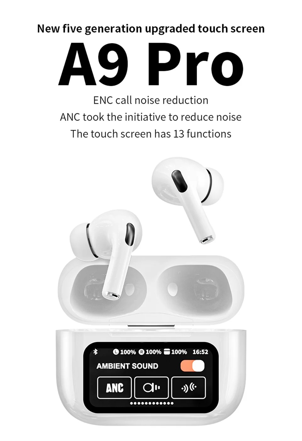 Picture of Airpods A9 Pro Earbuds 2024 TWS In-Ear Earbuds ANC/ENC Wireless Earphones LED Touch Screen Noise Cancelling LED Alarm Clock
