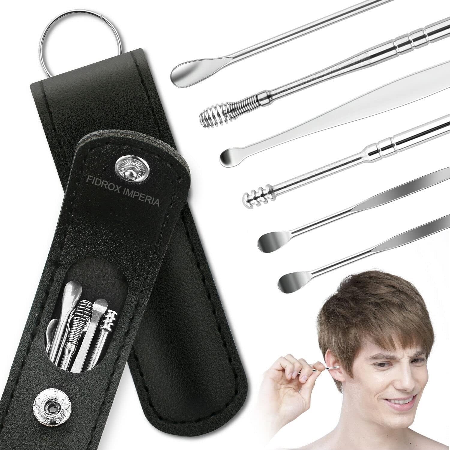 Picture of 6pcs/1set Stainless Steel Ear Wax Cleaner Set With Leather Case - Ear Pick