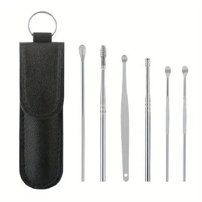 Picture of 6 pcs Stainless Steel Ear Wax Cleaner Set With Black Color Leather Case - Ear Pick