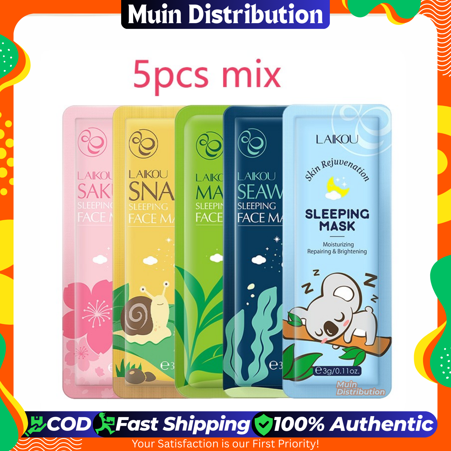 Picture of Laikou 5pcs Mix Sleeping Facial Mask, Japanese Sakura/Seaweed/Centella/Snail/Collagen Sleeping Mask, Keep Skin Moist And Smooth, Hydrating And Moisturizing, Soothing Damaged Skin And Increase Skin Elasticity Travel Essential