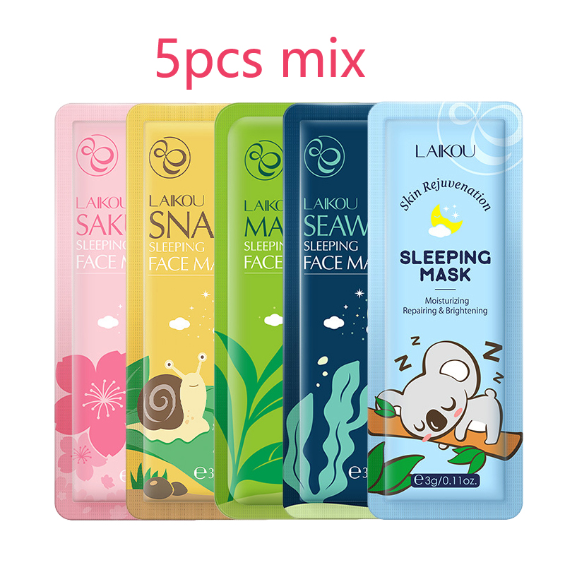 Picture of Laikou 5pcs Mix Sleeping Facial Mask, Japanese Sakura/Seaweed/Centella/Snail/Collagen Sleeping Mask, Keep Skin Moist And Smooth, Hydrating And Moisturizing, Soothing Damaged Skin And Increase Skin Elasticity Travel Essential
