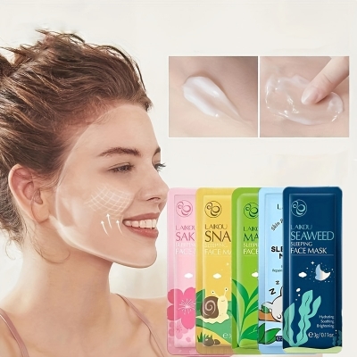 Picture of Laikou 10pcs Mix Sleeping Facial Mask, Japanese Sakura/Seaweed/Centella/Snail/Collagen Sleeping Mask, Keep Skin Moist And Smooth, Hydrating And Moisturizing, Soothing Damaged Skin And Increase Skin Elasticity Travel Essential