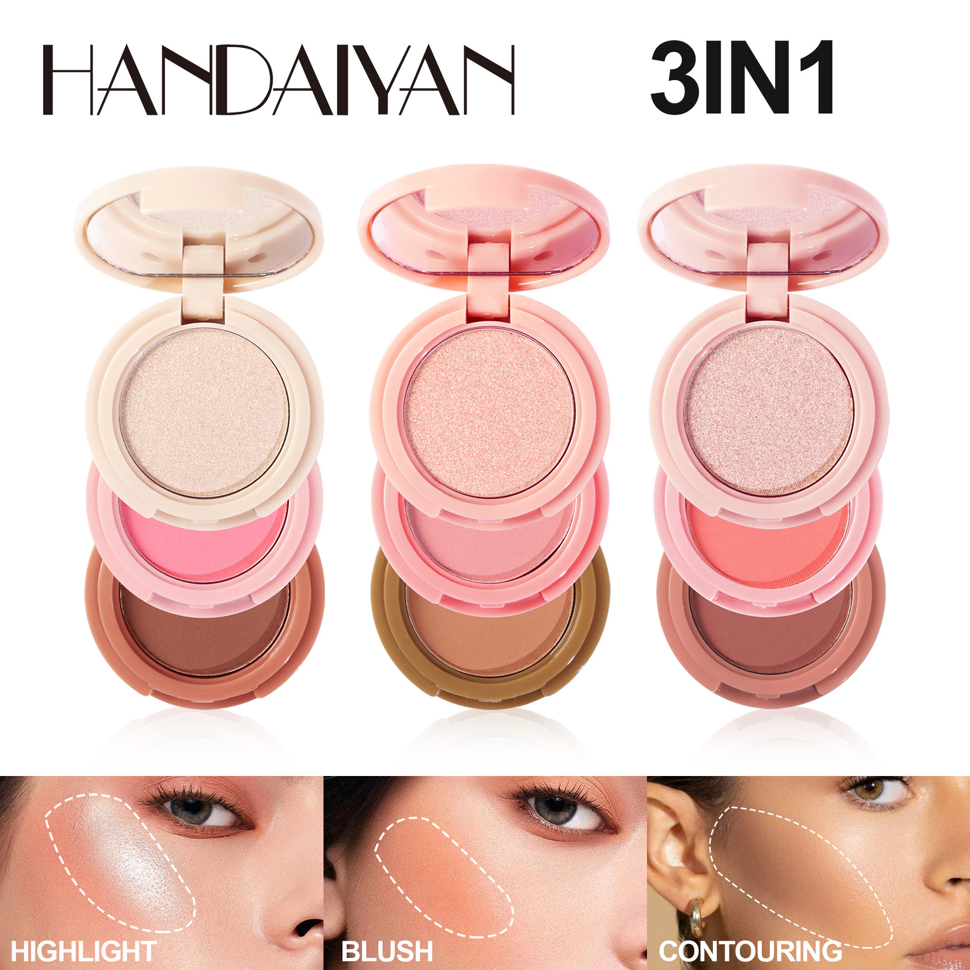 Picture of HANDAIYAN (03) 3-In-1 Face Bronzer Highlighter Makeup Palette Matte Pearlescent Blush Contouring Shadow Brighten Three-layer All-in-one Palette