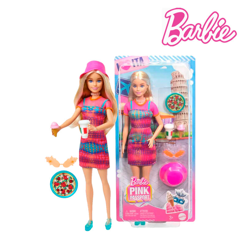 Picture of Barbie HWH97 Pink Passport Italy Doll Set With Clothes & Travel Accessories, Ages 3+