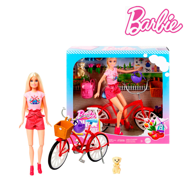 Picture of Barbie HWJ00 Pink Passport Holland Doll Set With Bicycle, Clothes, & Travel Accessories