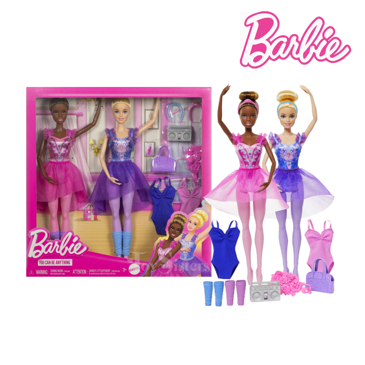 Picture of Barbie HXC37 Ballet Room Set with 2 Dolls & 9 Accessories, Blonde & Brunette Ballerina Fashion Dolls