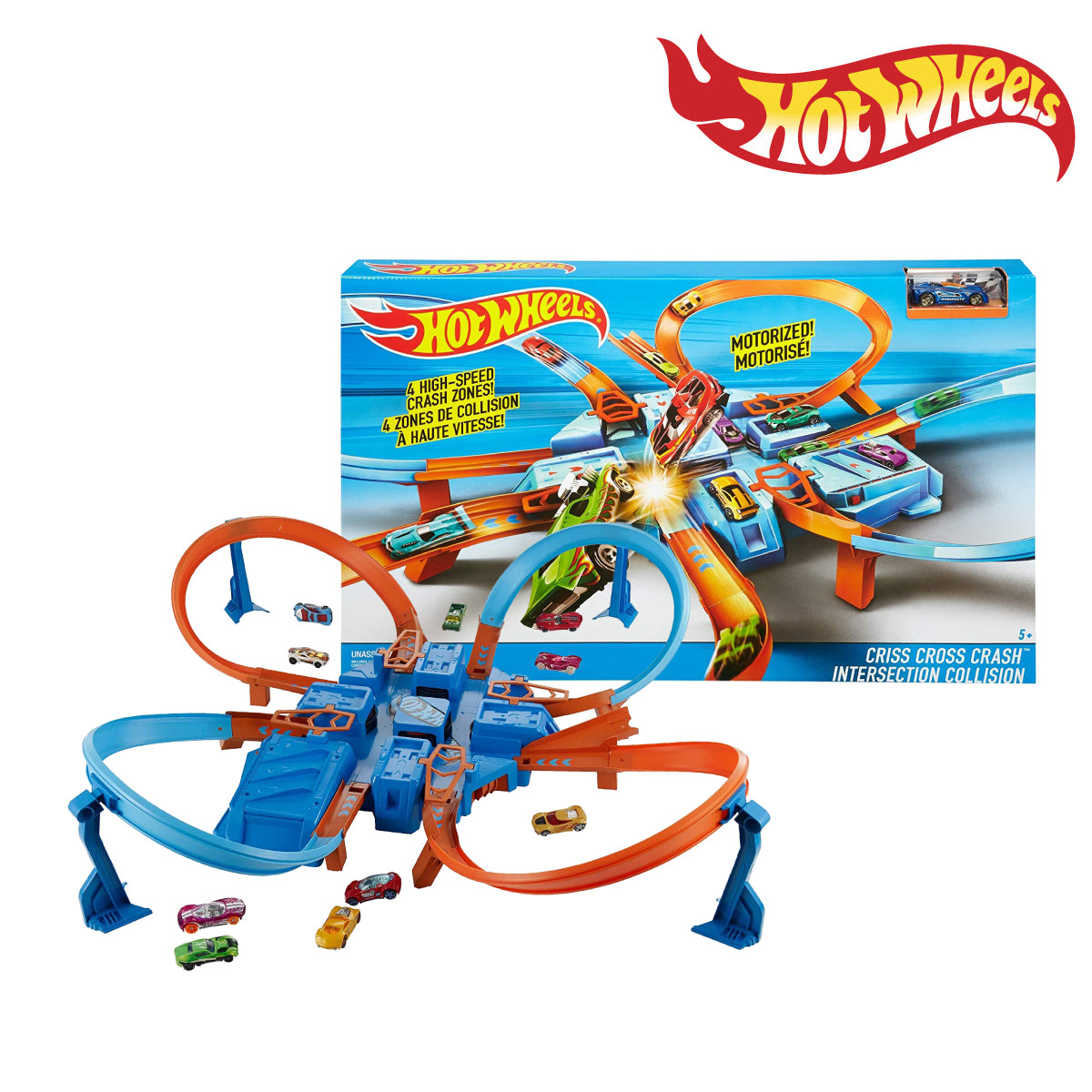 Picture of Hot Wheels DTN42 Criss Cross Crash Track Set With Motorized Booster, Ages 5+