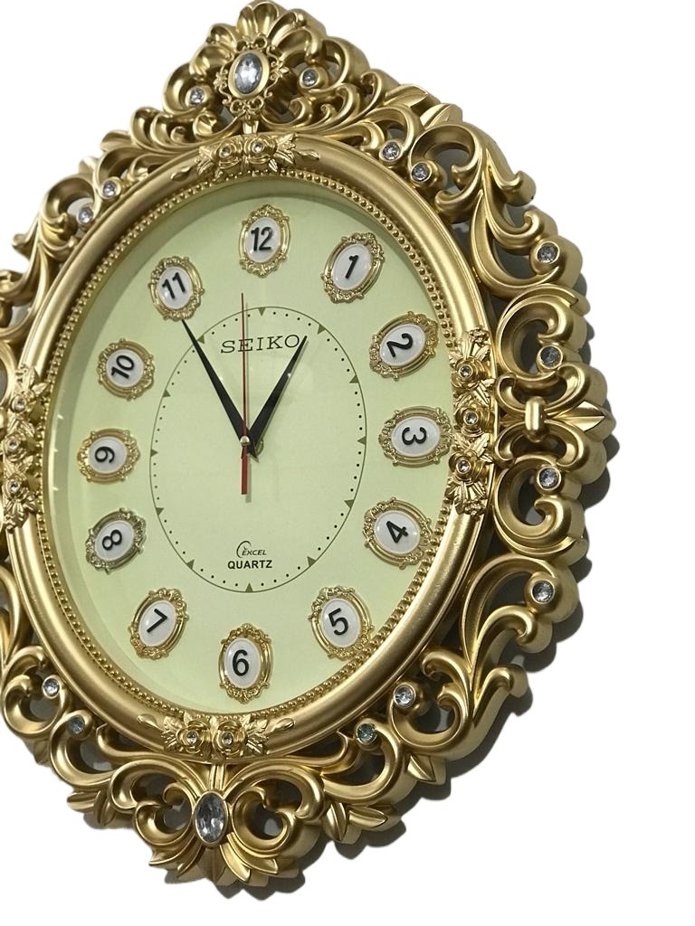 Picture of 56 CM Big Size Homestop Oval Shape Vintage Fiber Made Sharp Decorative Wall Clock - 56cm (Golden)