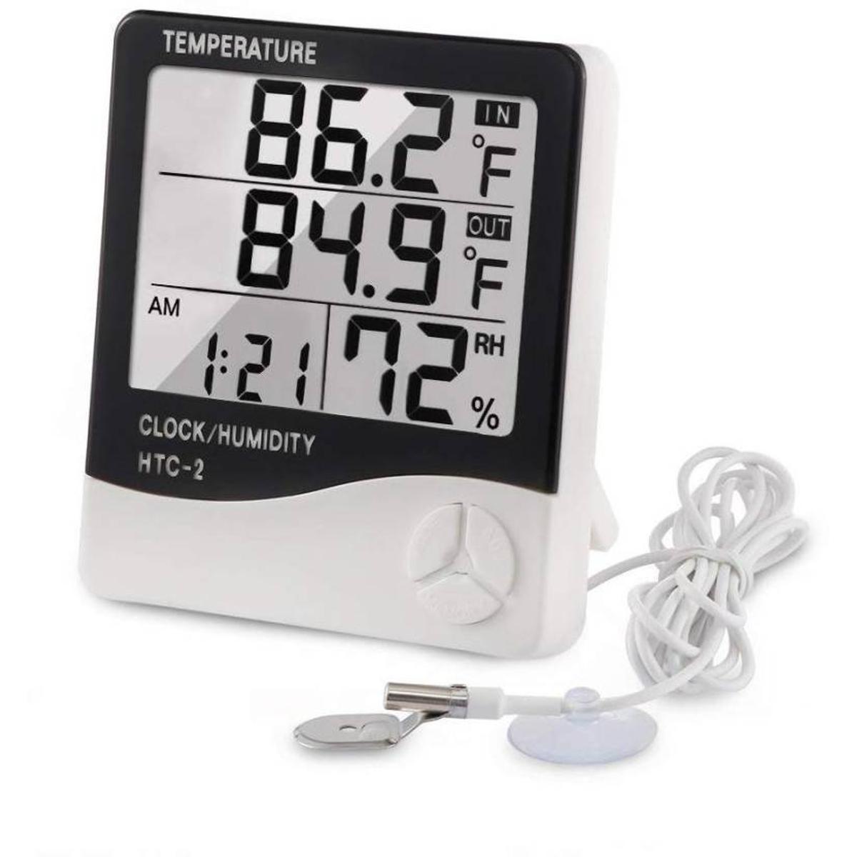 Picture of HTC2 H.T.C-2 Digital LCD Display With Temperature Humidity Meter Gauge Thermometers Temperature Sensor Indoor Outdoor 1.5M Length Cables Probe With Clock Wall Mount Meter