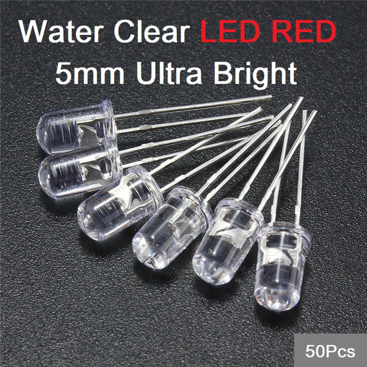 Picture of 50Pcs- Transparent RED 5mm Water Clear LED Red 5mm Ultra Bright Transparent Round 5mm LED Light Emitting Diode Water Clear Red Light Bulbs For Electronics Project