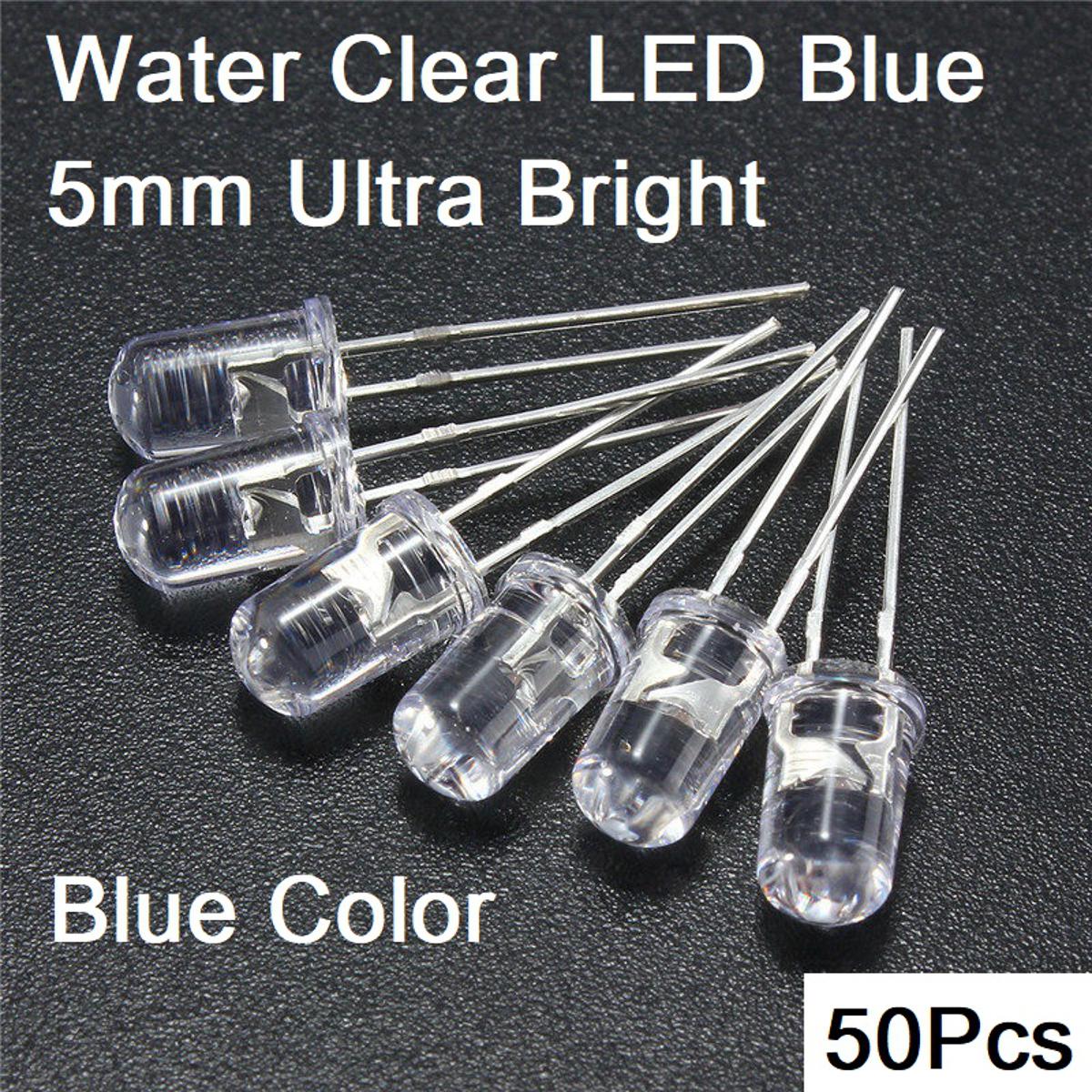 Picture of 50Pcs- Transparent BLUE 5mm Water Clear LED Blue 5mm Ultra Bright Transparent Round 5mm LED Light Emitting Diode Water Clear Blue Light Bulbs For Electronics Project