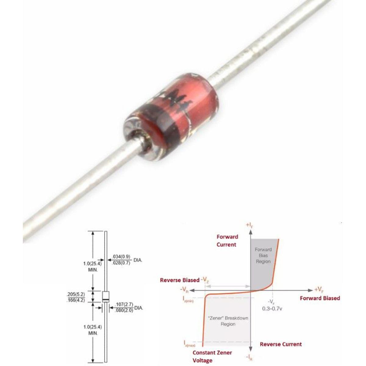 Picture of 10Pcs- 1Watt 5.1V Zener Diodes 1W 5.1V 1N4733 Through Hole Voltage Regulator Zener Diode DO-41 DIP 3 Pin Leads