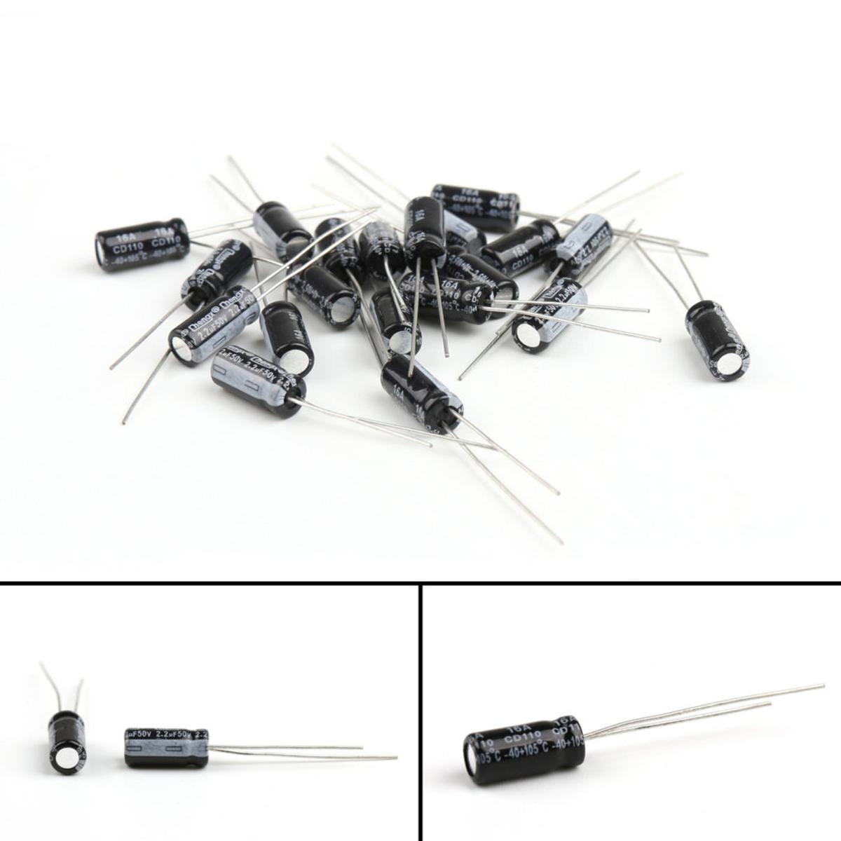 Picture of 25Pcs- 2.2uF 50V RADIAL Electrolytic Capacitor 2.2uF 50V Radial Polarized Aluminum Electrolytic Capacitors 2 Pin Leads Connections Leg