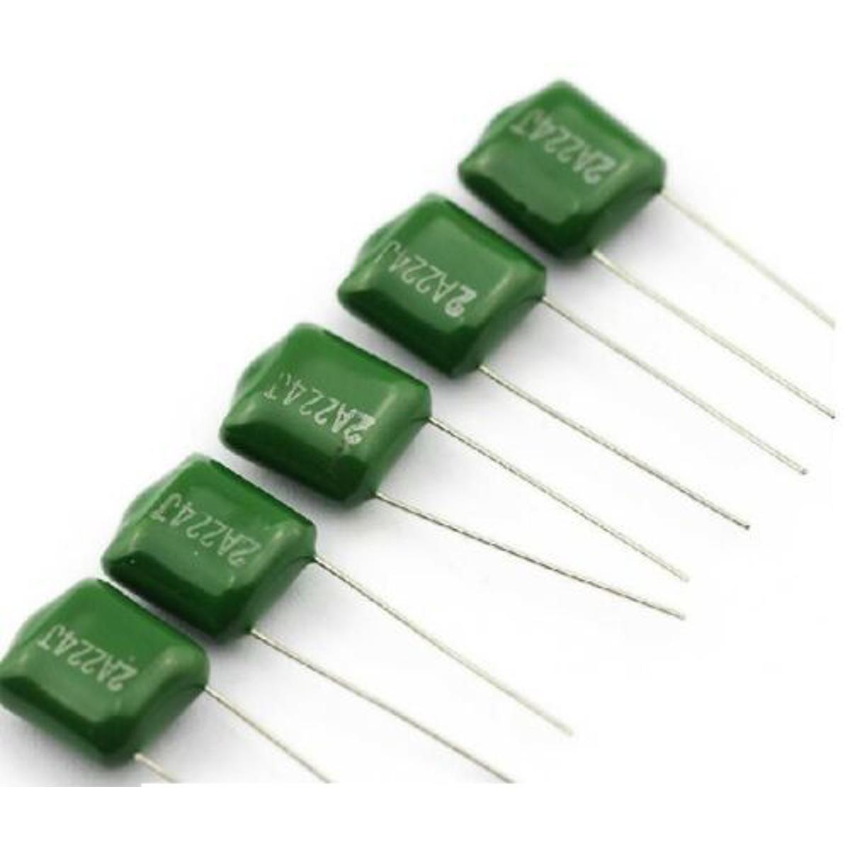 Picture of 10Pcs- MYLAR 100V 2A224J Color Mylar 2A224J 224J 100V Polyester Film Capacitor Metallized 220nF Polypropylene Capacitors 2 Pin Leads Connections Leg