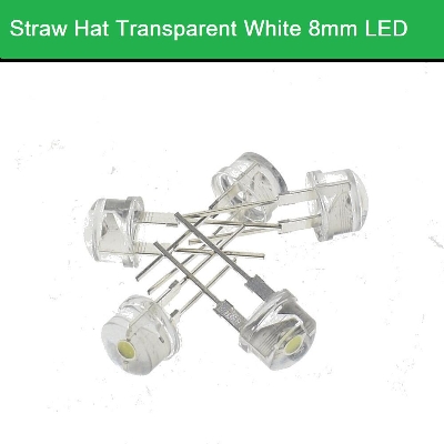 Picture of 10Pcs- STRAW Hat 8mm TRANSPARENT WHITE 8mm Water Clear LED White 8mm Ultra Bright Transparent Round 8mm LED Light Emitting Diode Water Clear White Light Bulbs