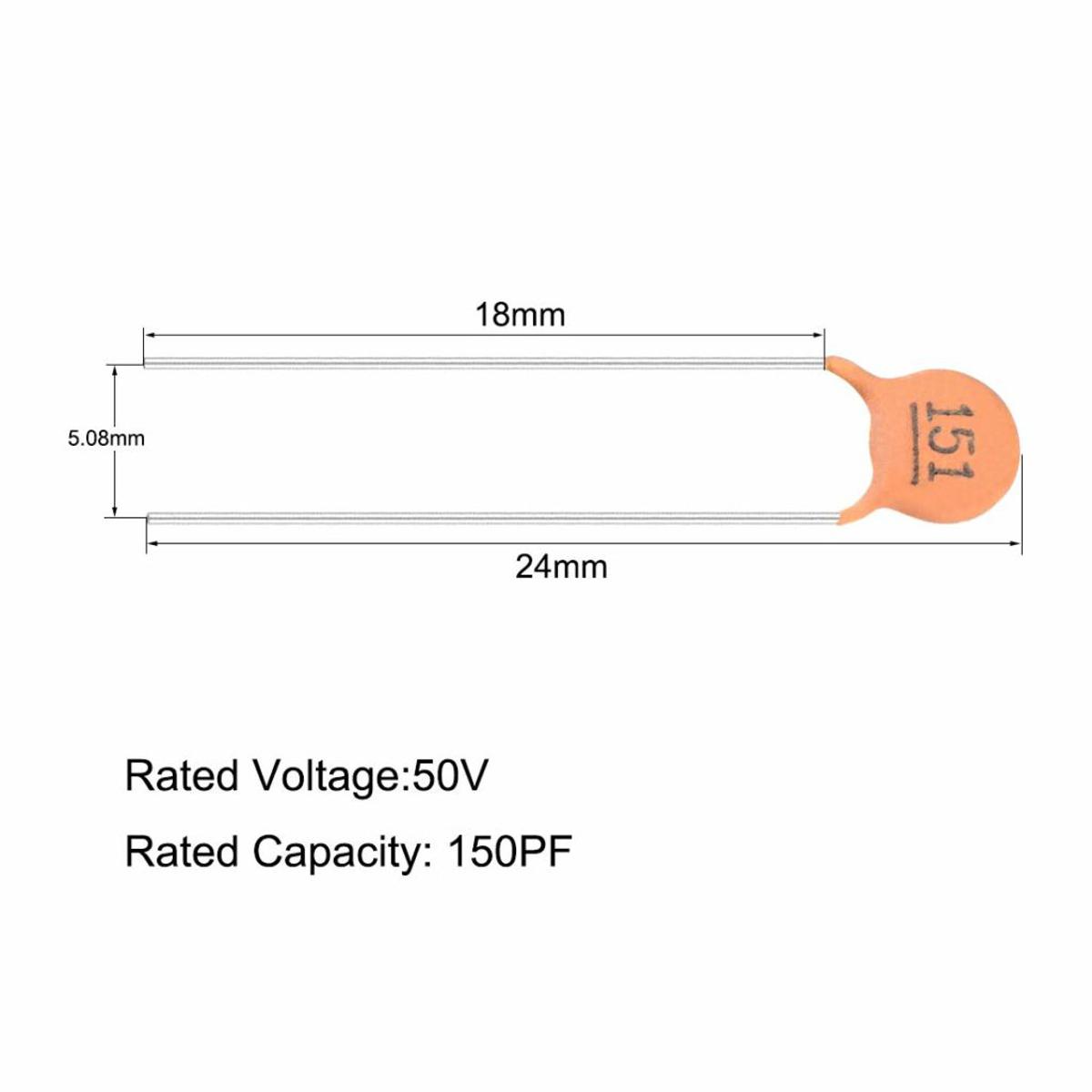 Picture of 25Pcs- 151 50V CERAMIC Capacitor Mini Ceramic Capacitor 150pF 50V 151 Ceramic Disc Capacitor Non-Polarized Through Hole 2 Pin Leads Connections Leg
