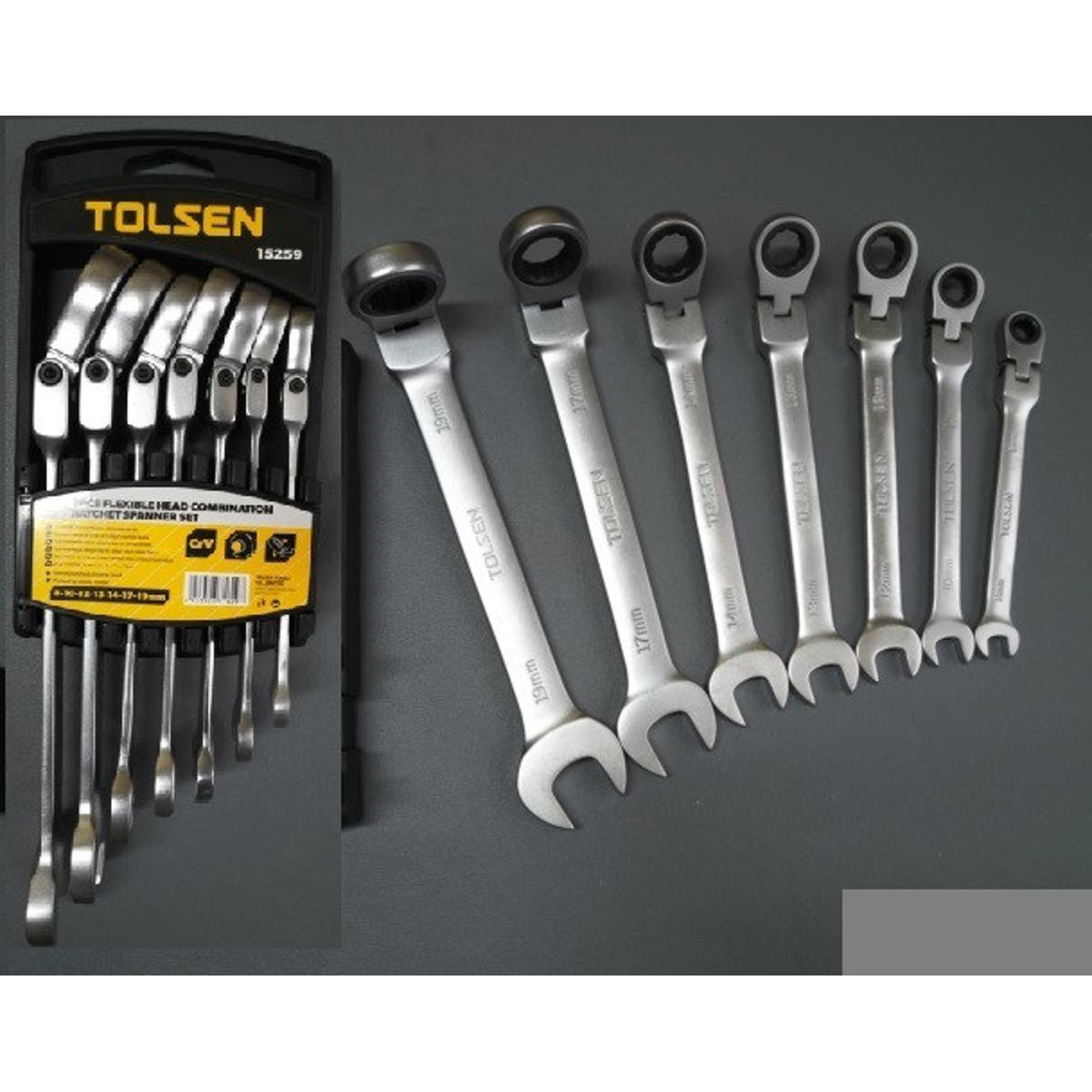 Picture of 7Pcs SET FLEXIBLE GEAR Head Combination Ratchet Spanner Tools Set Sizes 8 10 12 13 14 17 19mm Gear Spanner 7 Pcs Set Chrome Vanadium Steel Anti Rust